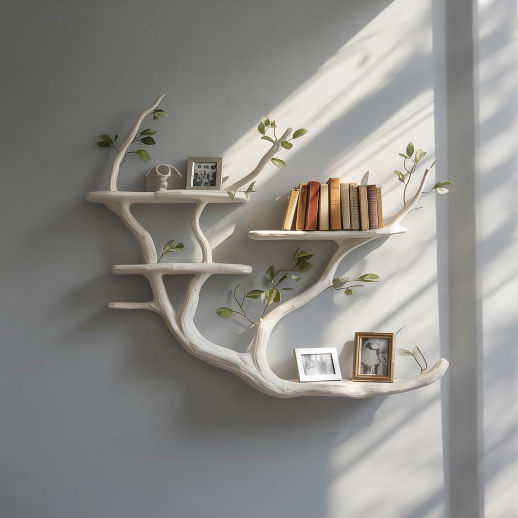 Handgemaakte Boomtak Boekenkast – Rustieke Houten Zwevende Wandplank
