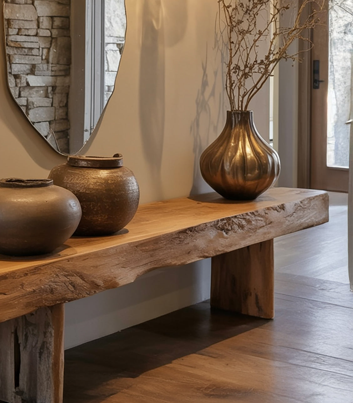 Handmade Live Edge Solid Wood Entryway Bench – Rustic Hallway Shoe Rack & Console