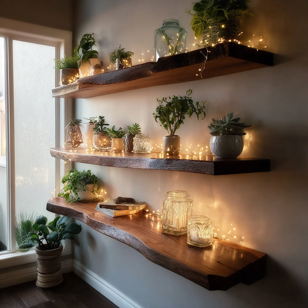 Massief Houten Live Edge Wandplank – Rustieke Badkamer & Wasruimte Decor