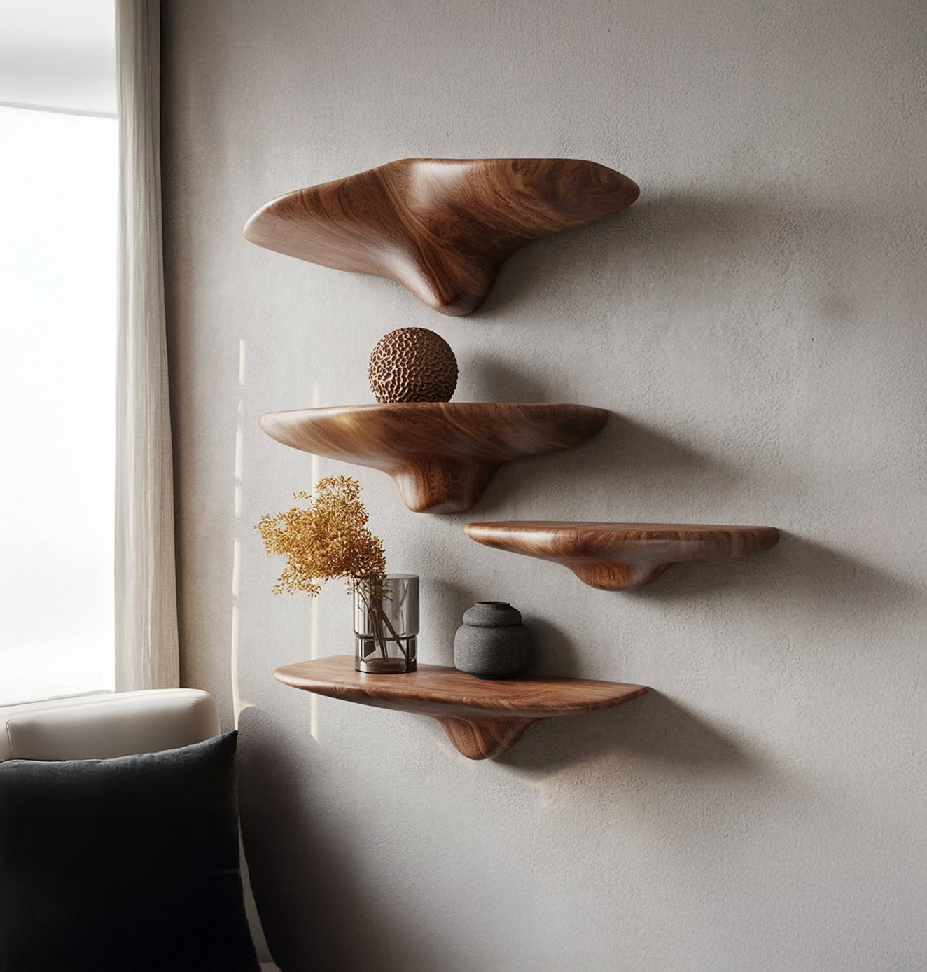 Organic Sculpted Wooden Floating Shelves – Handcrafted Modern Wall Art Storage Set