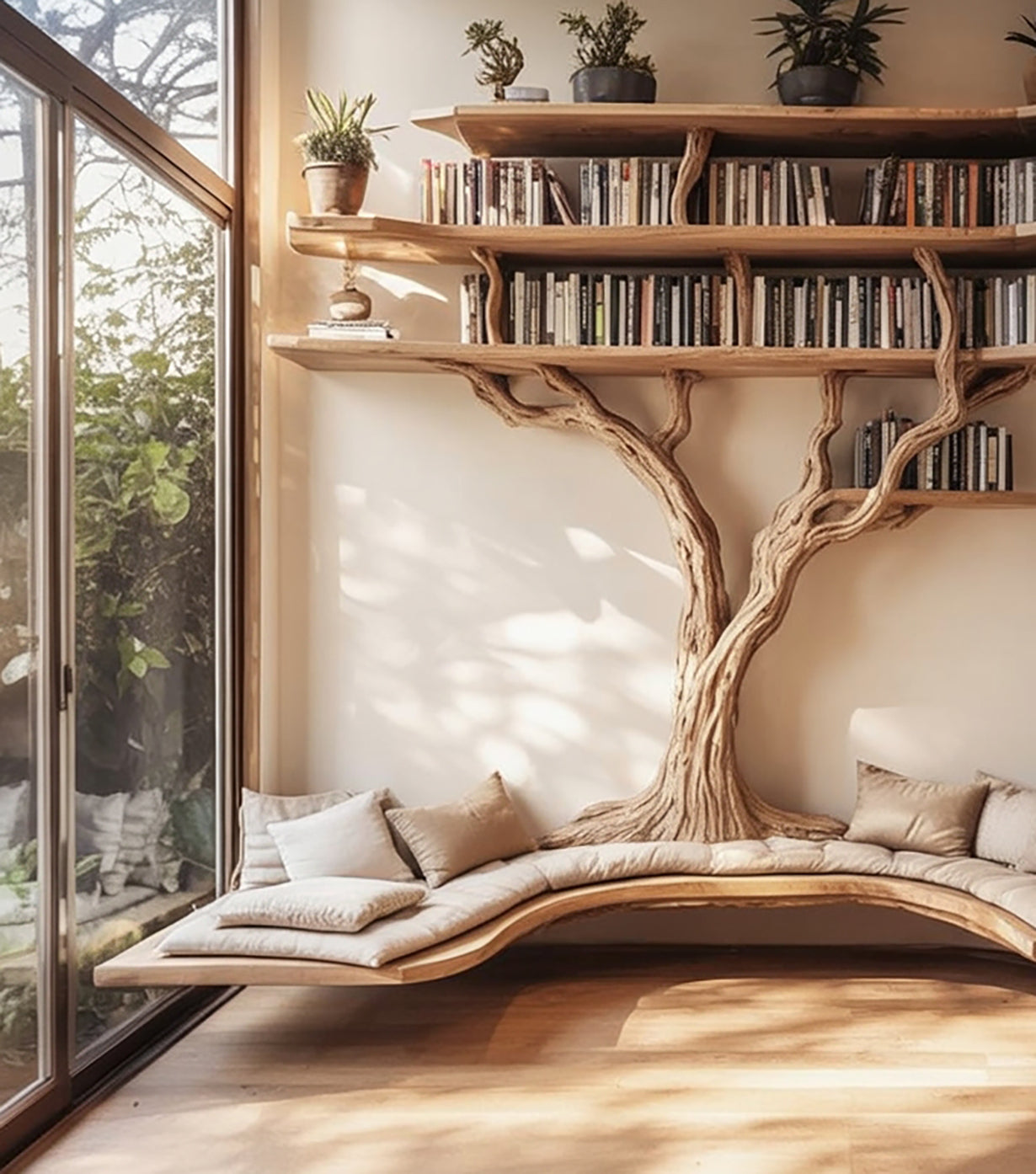 Tree Bookshelf with Built-In Bench – Live Edge Wood Wall Shelf for Reading Nook
