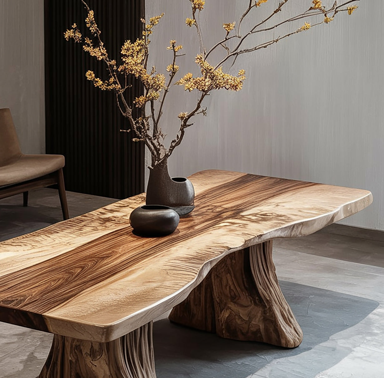 Live Edge Solid Wood Coffee Table with Natural Tree Trunk Base – Organic Modern Table