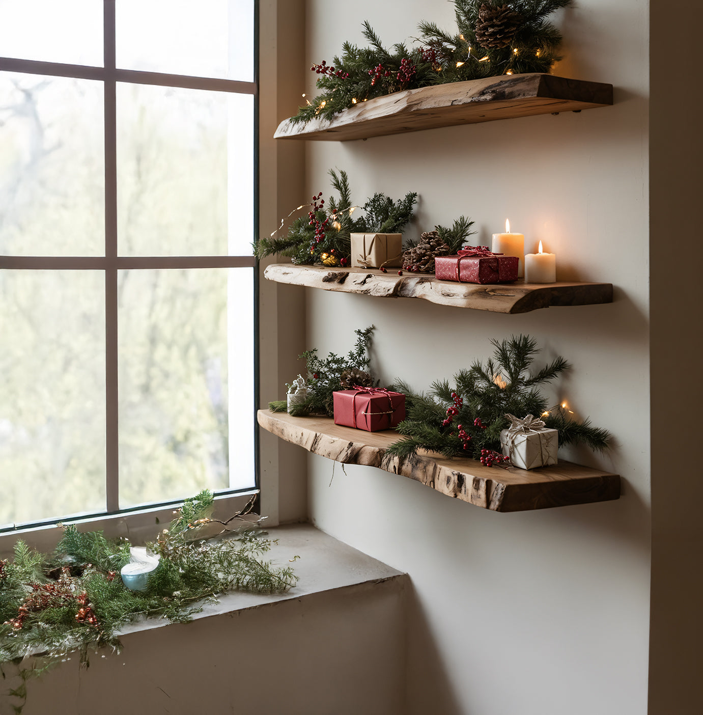 Handmade Wavy Live Edge Floating Shelf – Carved Wood Wall Shelf Art for Home Decoration