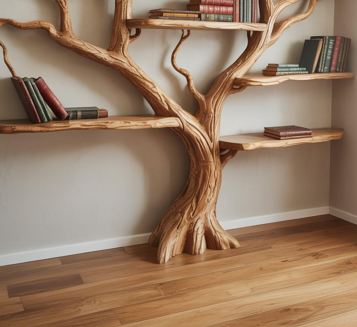 Driftwood Boom Boekenkast – Rustieke Zwevende Wandplank Hout
