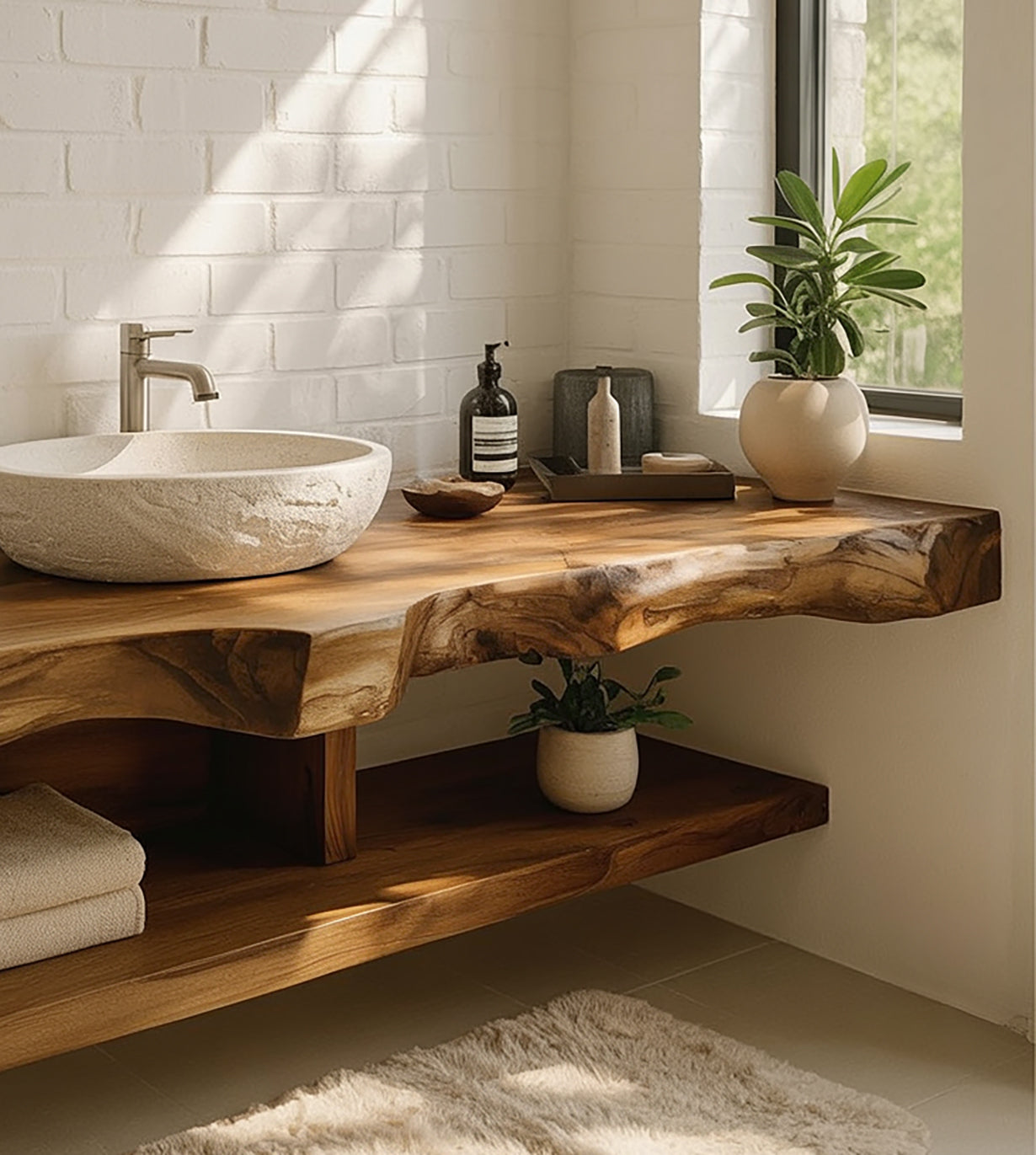 Natural Live Edge Wooden Vanity – Floating Bathroom Sink Shelf