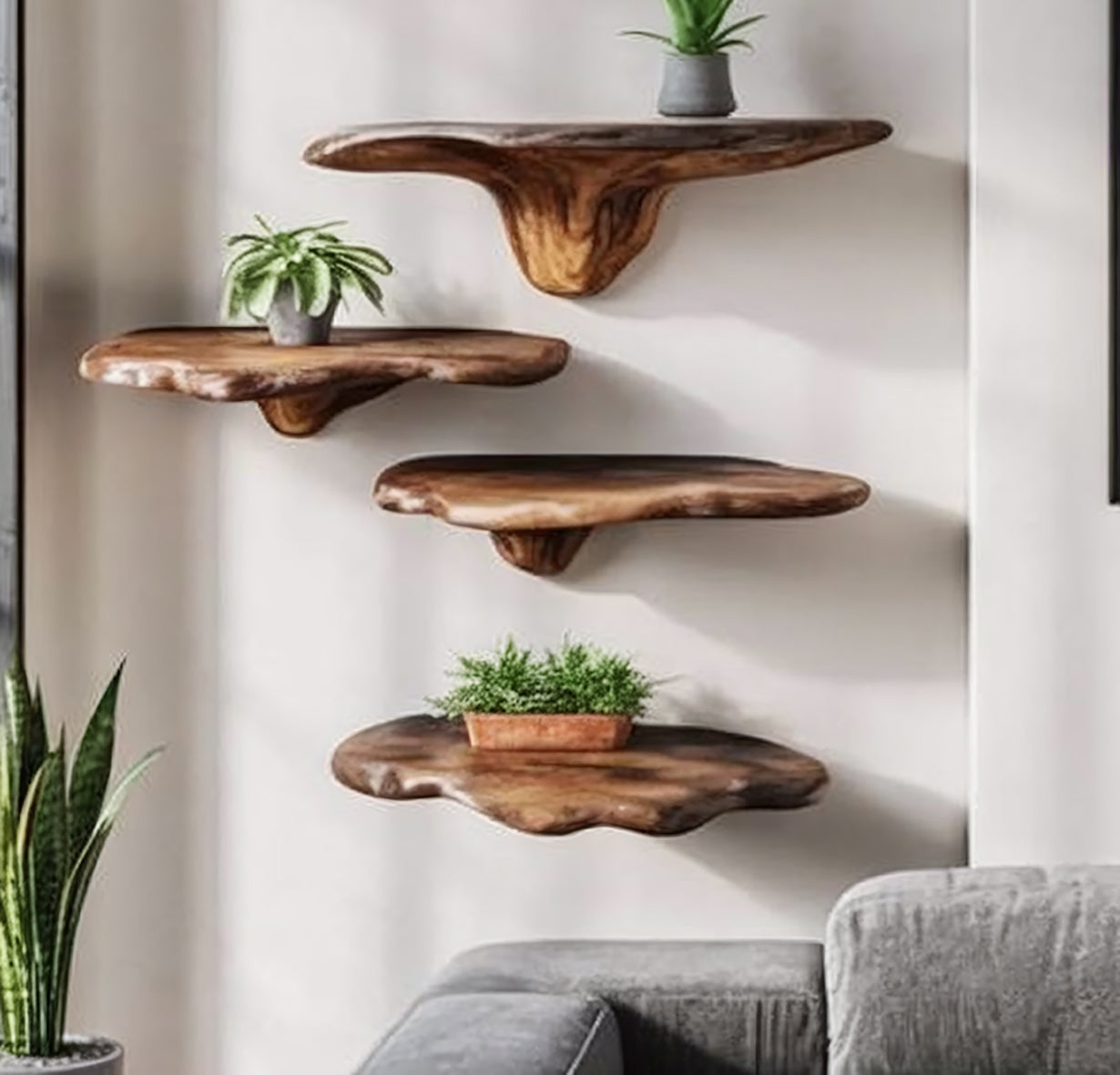 Handcrafted Live Edge Wooden Floating Shelves – Organic Wall Shelf Set