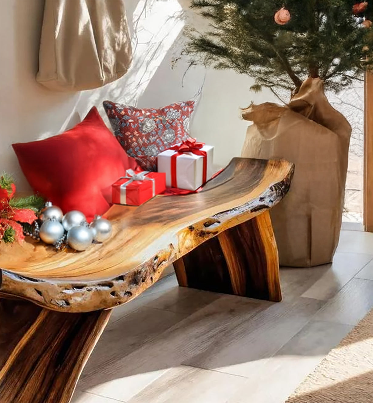 Handmade Live Edge Wooden Bench – Rustic Solid Wood Entryway or Hallway Seating