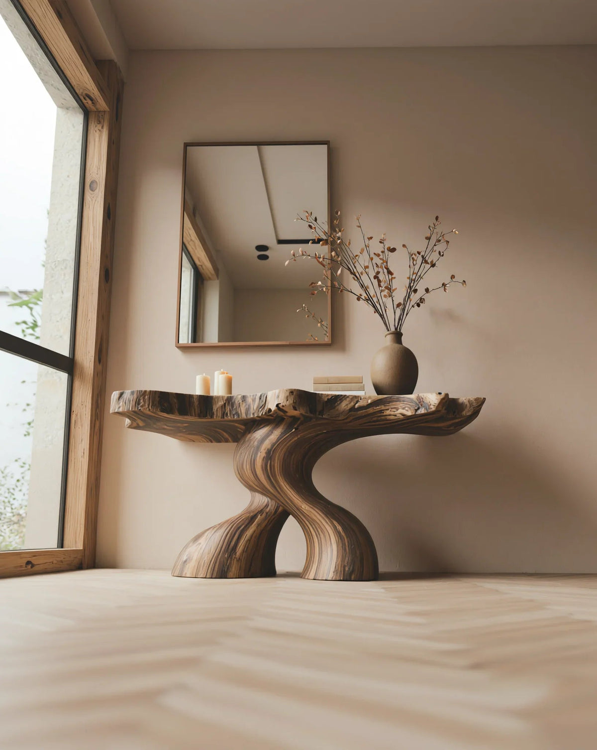 Consoletafel van massief hout met sculpturale poot in modern interieur