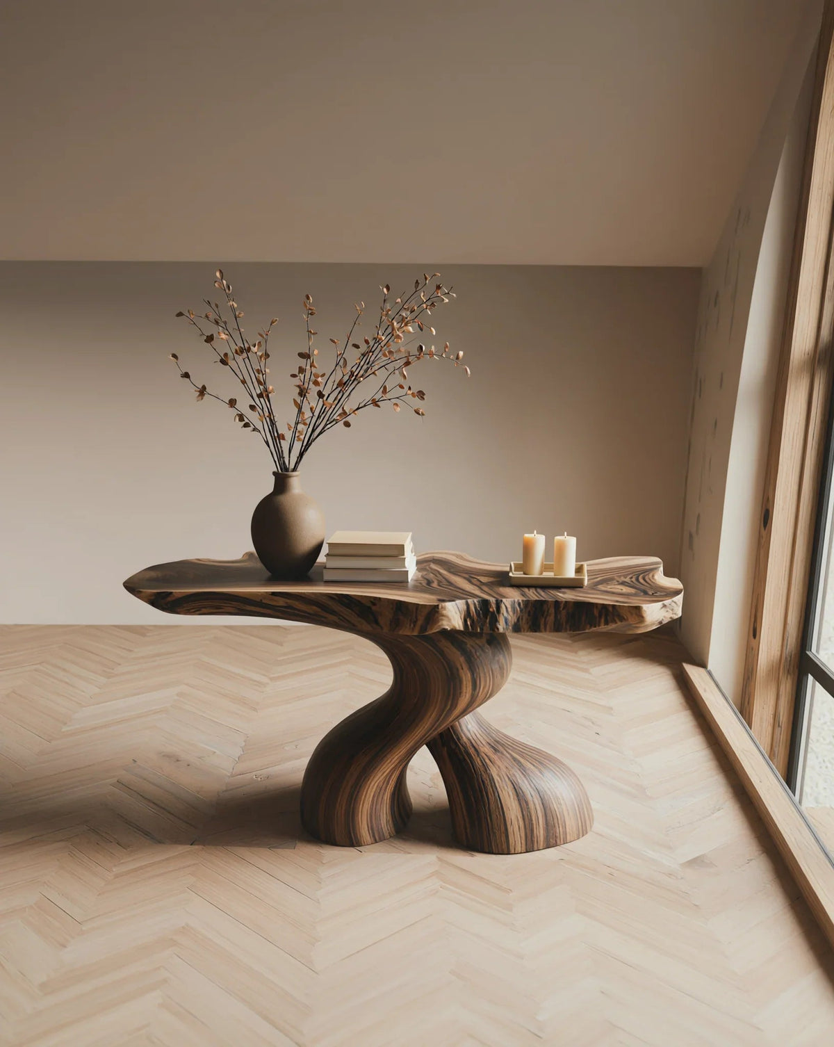 Tafel van massief hout met artistieke voet en vazen in moderne kamer