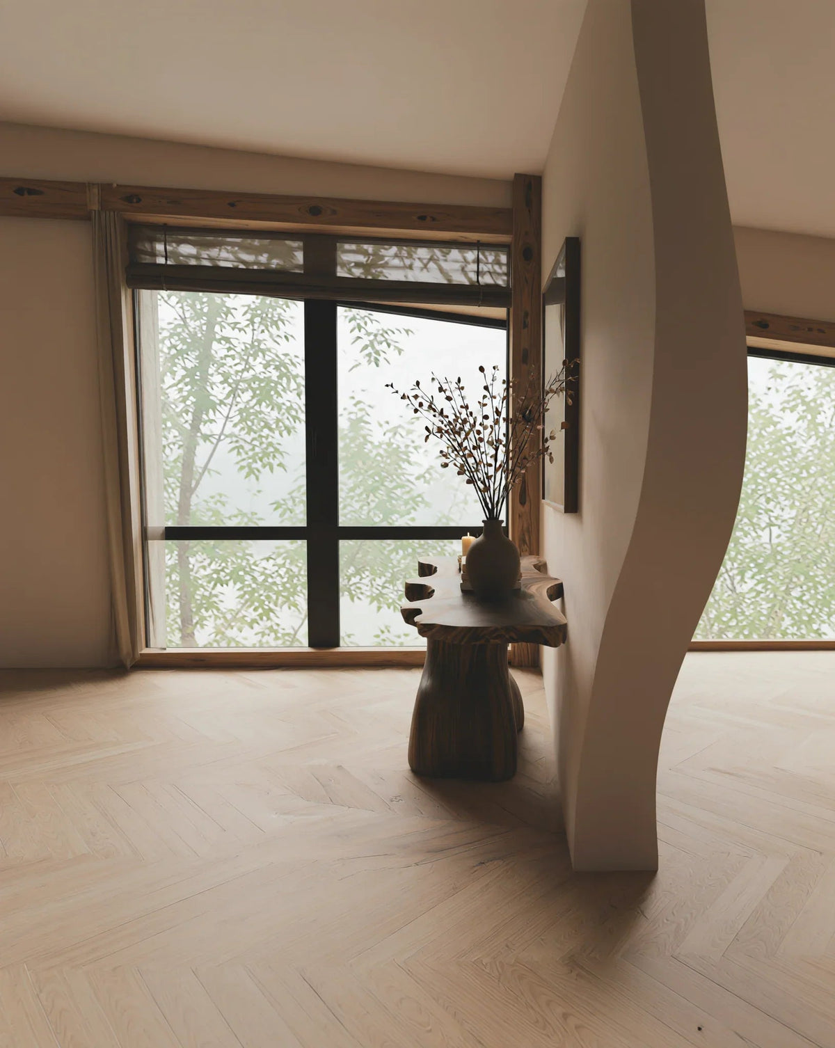 Consoletafel van massief hout in minimalistisch ingerichte entree