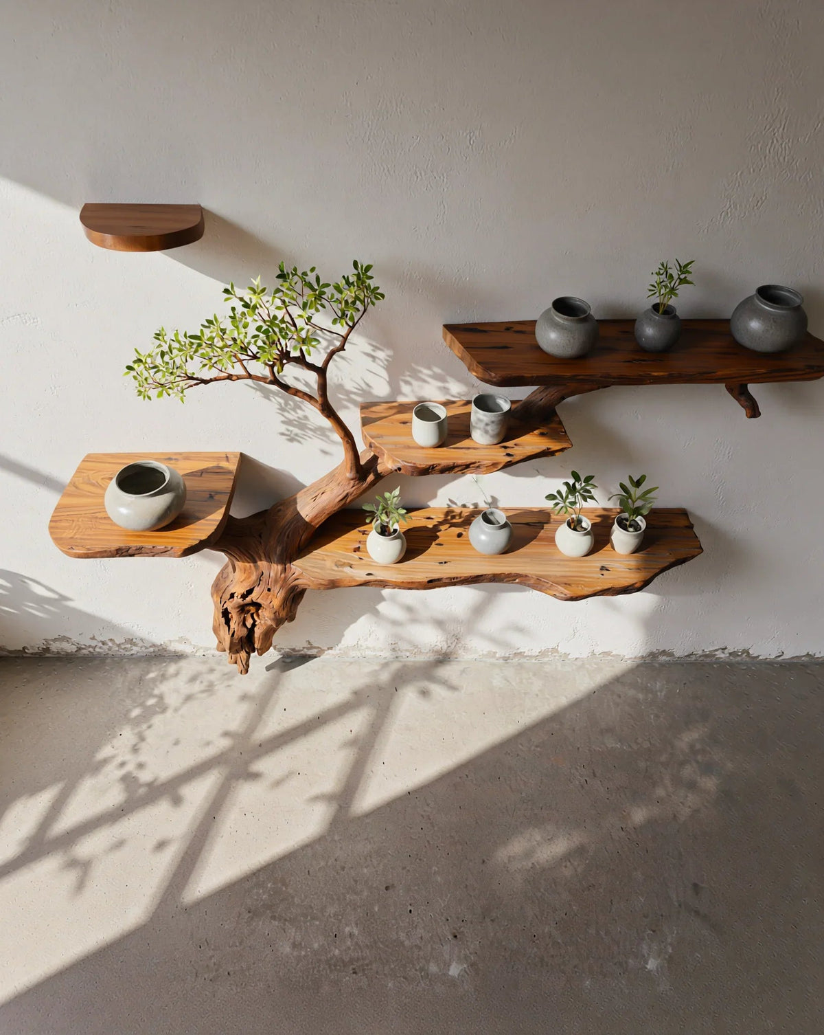 Boomvormige houten wandplank met vazen en plantjes aan de wand