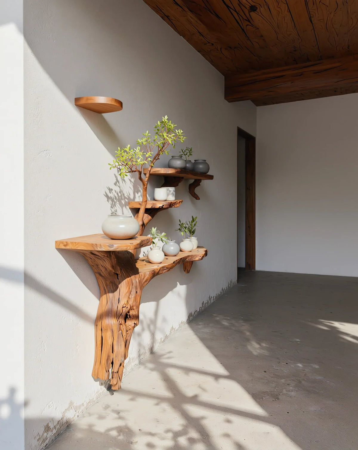 Massief houten zwevende takplank met bloempotten in een minimalistische gang