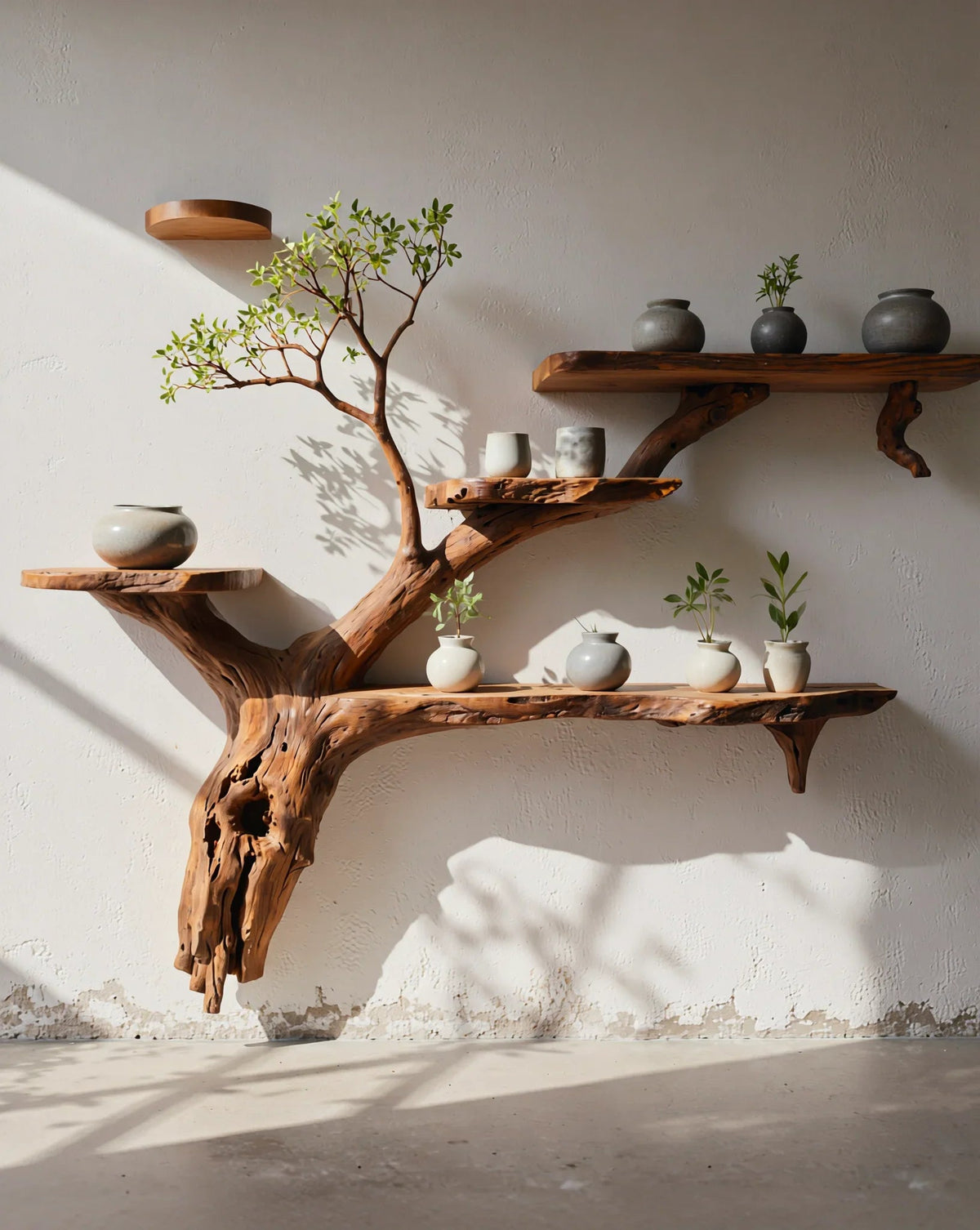Massief houten boomrek aan de muur met decoratieve vazen en planten