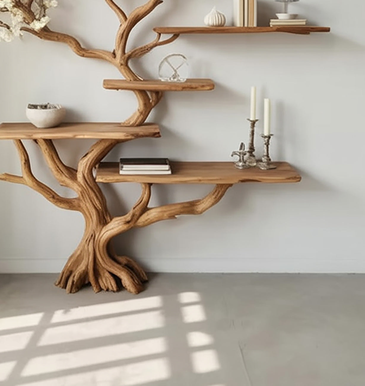 Handgemaakte Boomtak Boekenkast – Natuurlijke Houten Zwevende Wandplanken