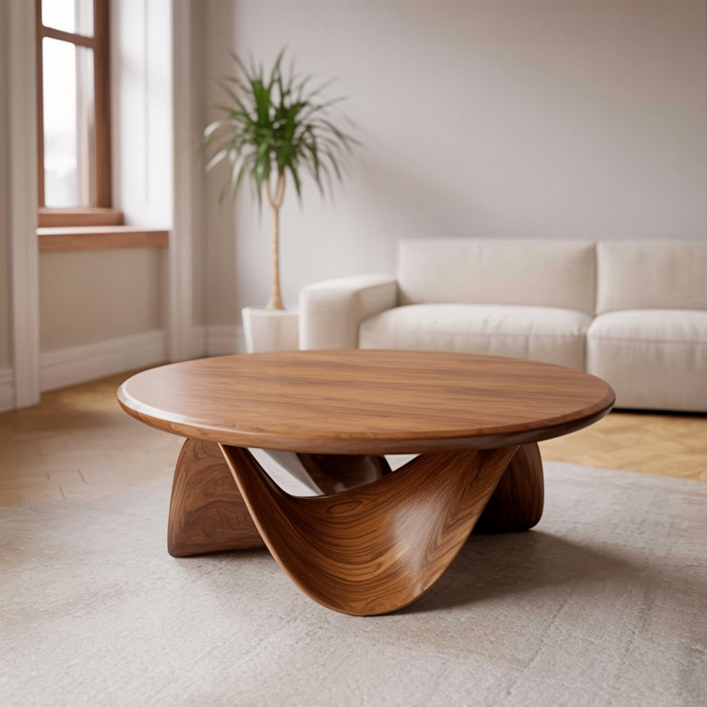 Sculpturale Ronde Salontafel – Handgemaakt Massief Hout