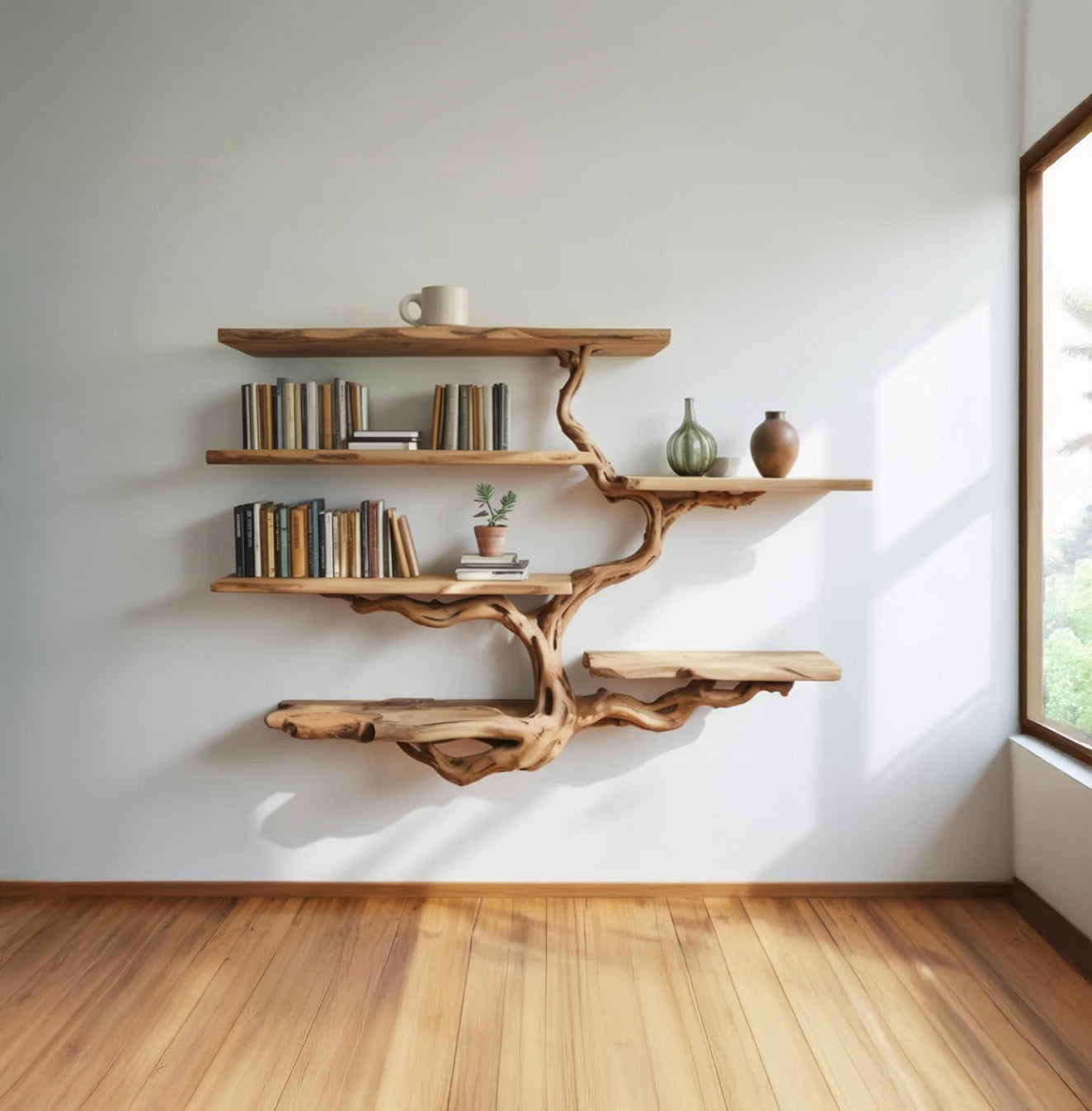Zwevende Boomtak Boekenkast van Massief Hout – Wandplank