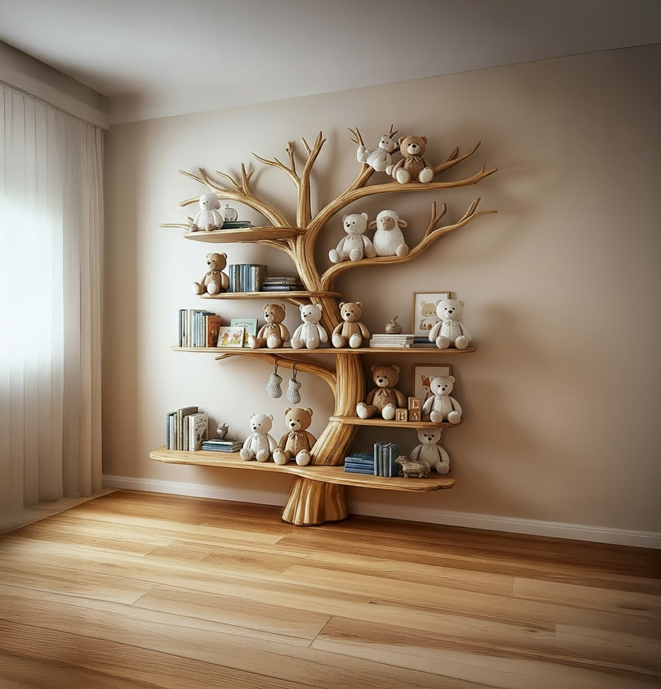 Boom Boekenkast Kinderkamer – Handgemaakte Houten Wandplank