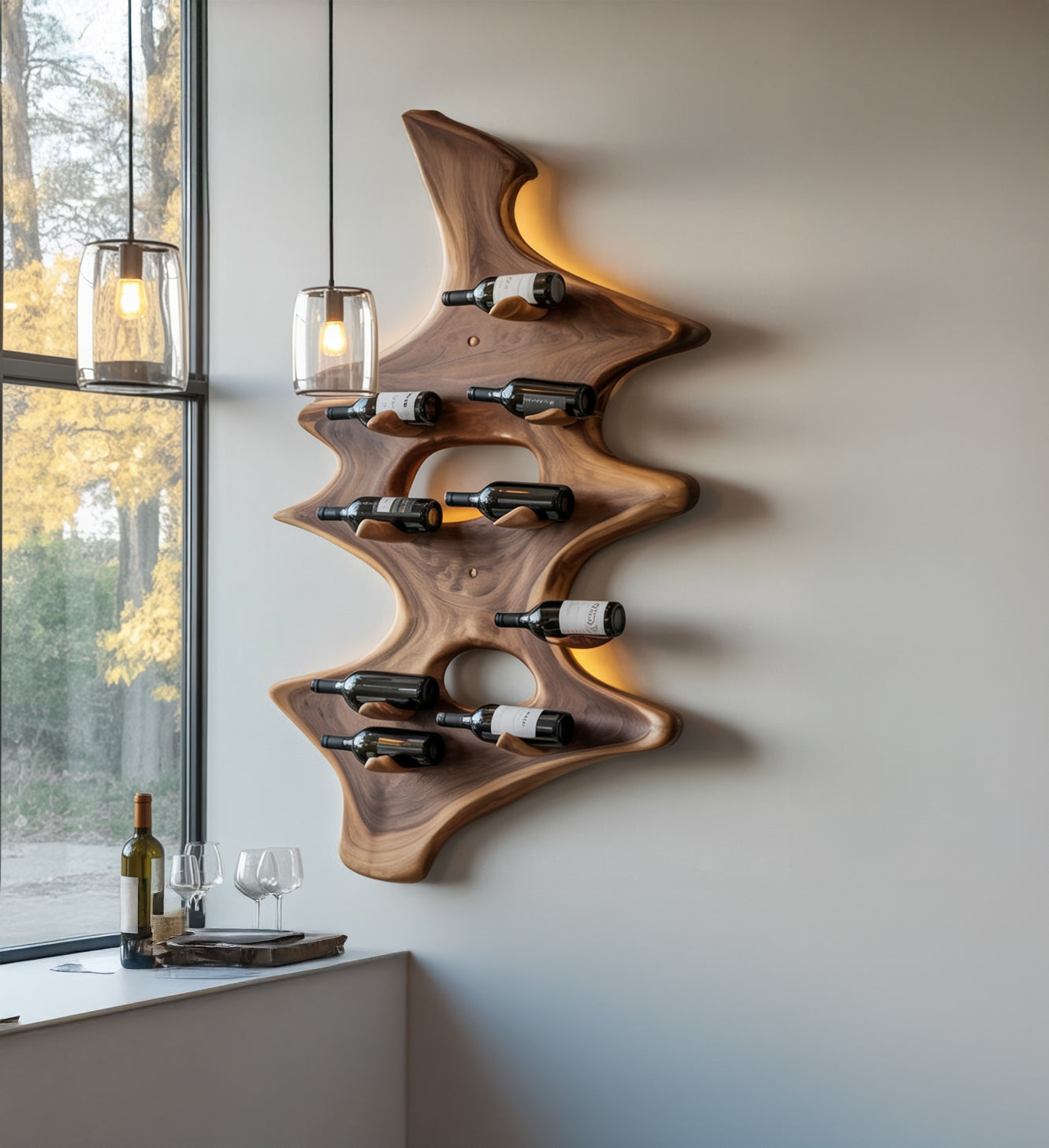 Wood Wine Rack – Wall-Mounted & Hanging Stemware Holder, Rustic Bar Shelf