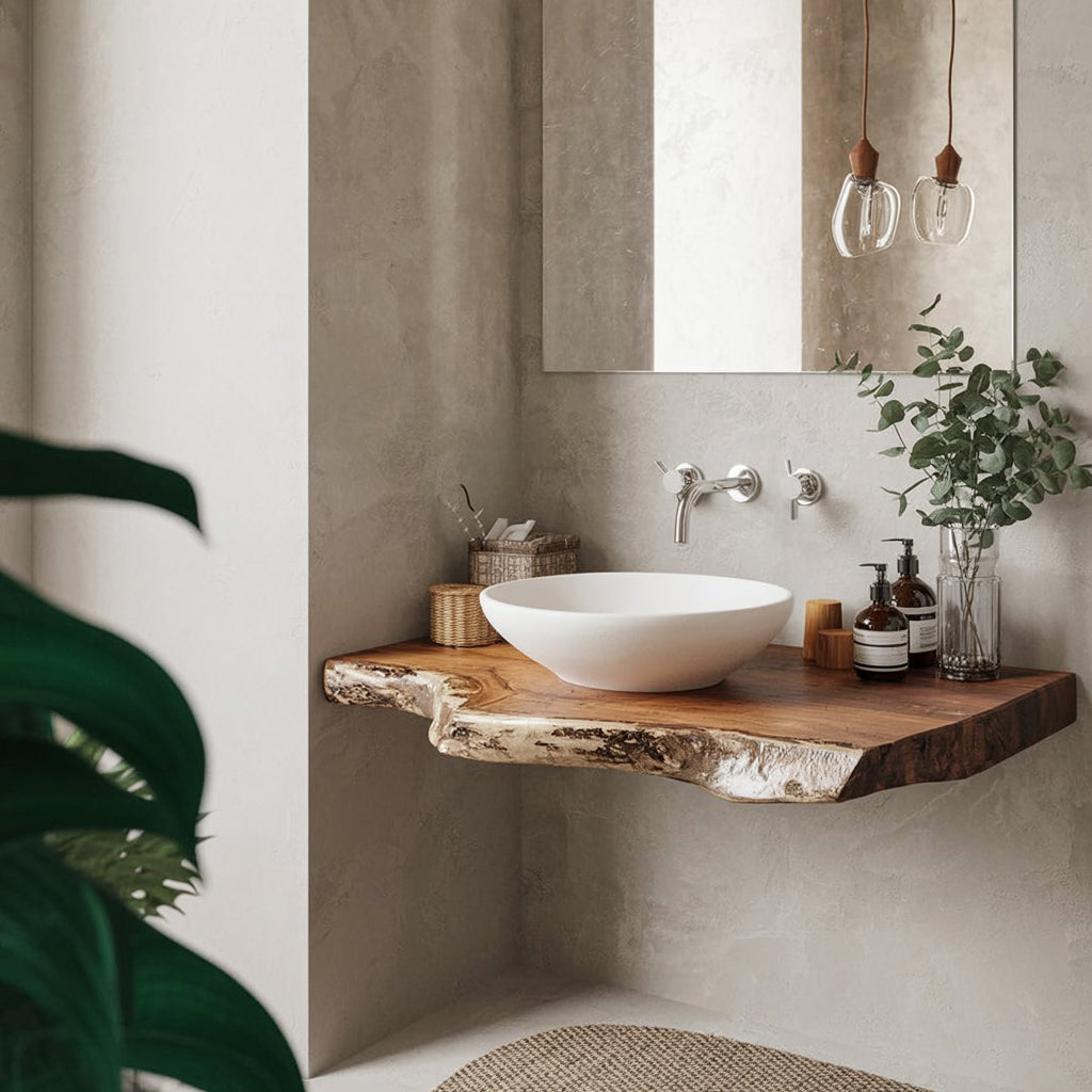 Rustieke Live Edge Badkamer Wastafelplank – Handgemaakt Hout Decor