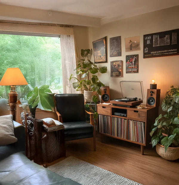 Aanpasbare Houten Platenspelerstandaard – Handgemaakt Draaitafelstation met Vinyl Organizer