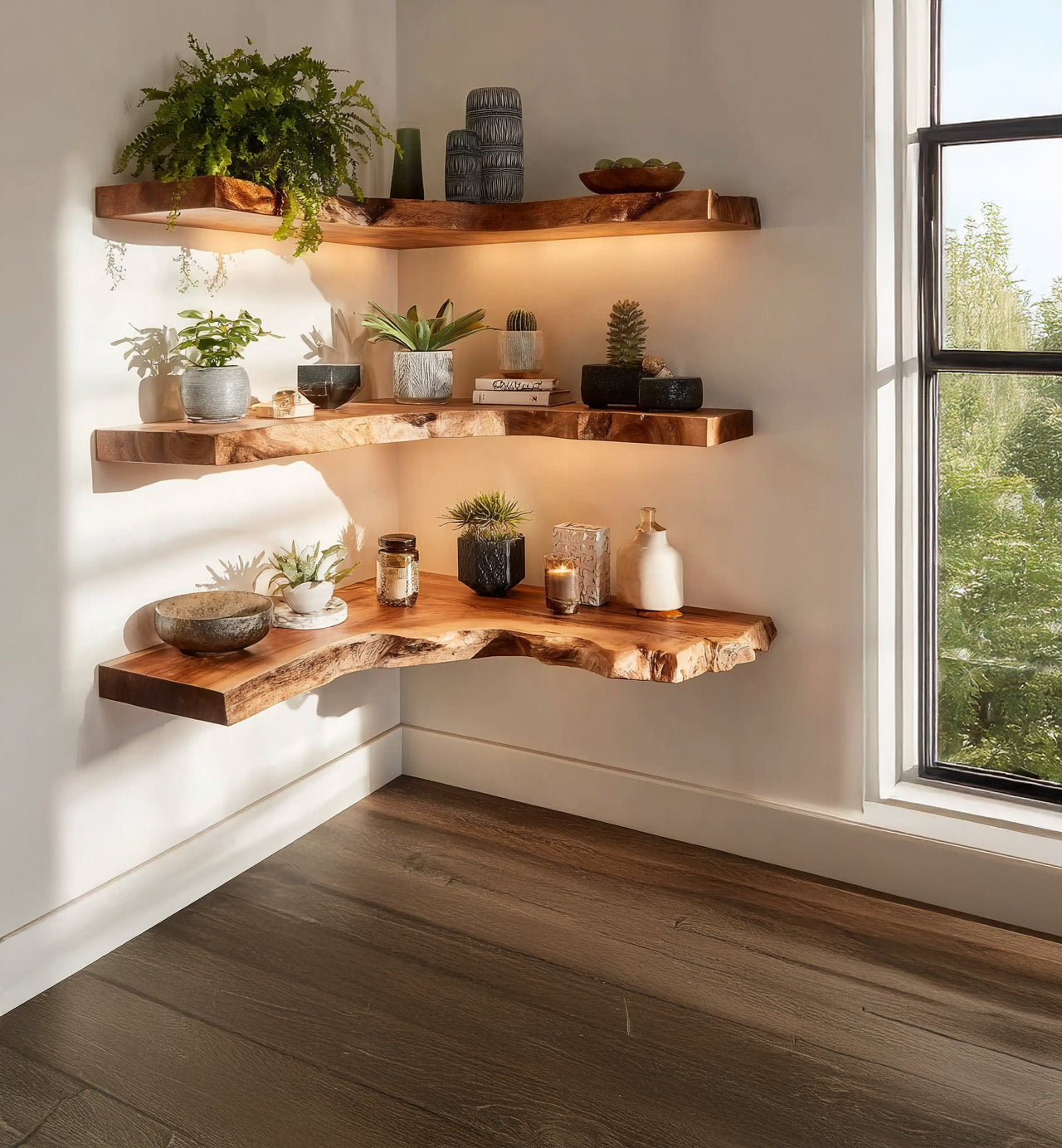 Live Edge Corner Floating Shelves – Handcrafted Solid Wood Wall Shelf