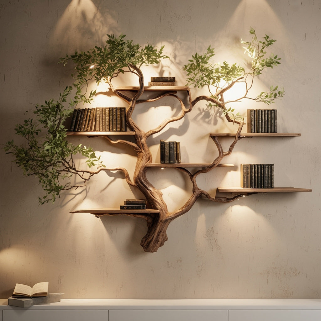 Tree Bookshelf Wall Art – Live Edge Wooden Branch Bookcase with Floating Shelves