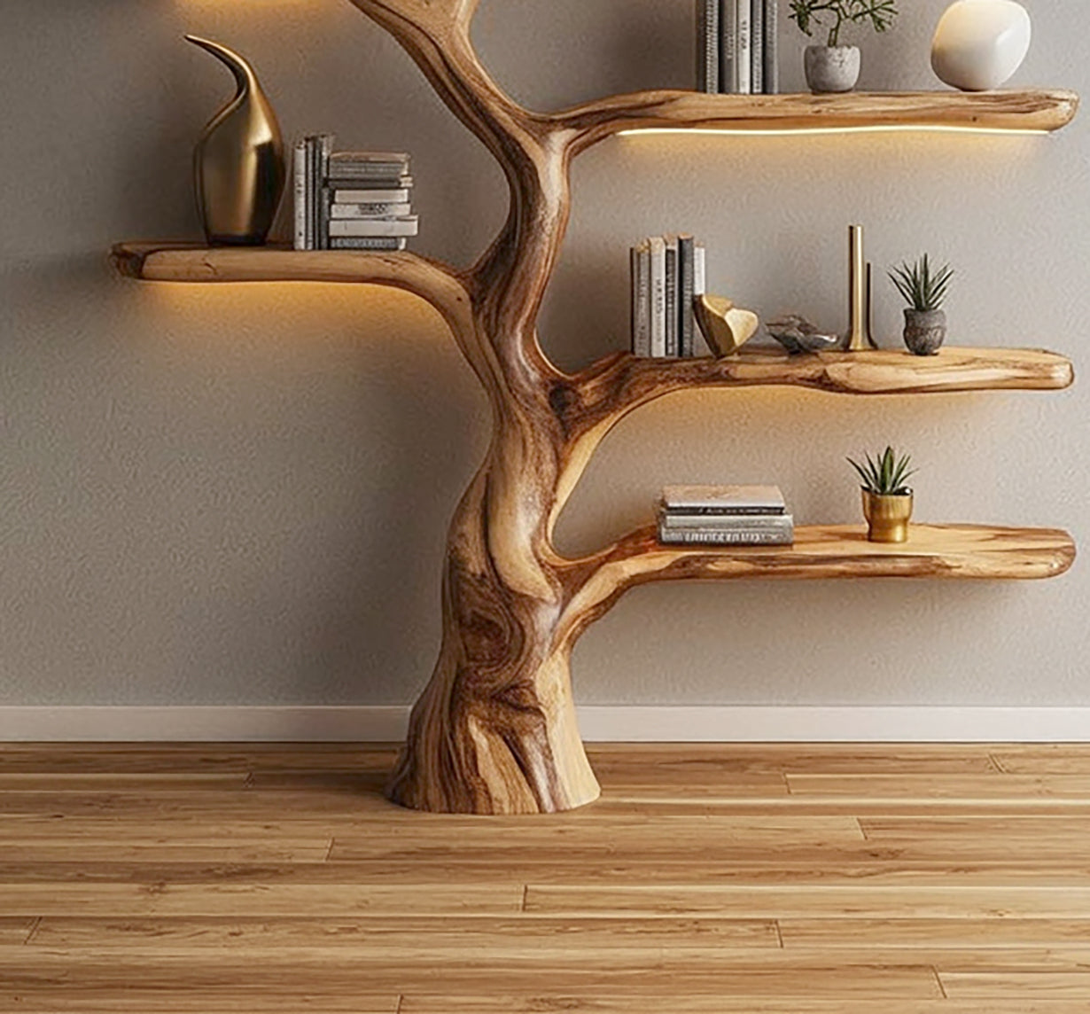 Rustieke Boomtak Boekenplank – Handgemaakt Massief Hout Wanddecor