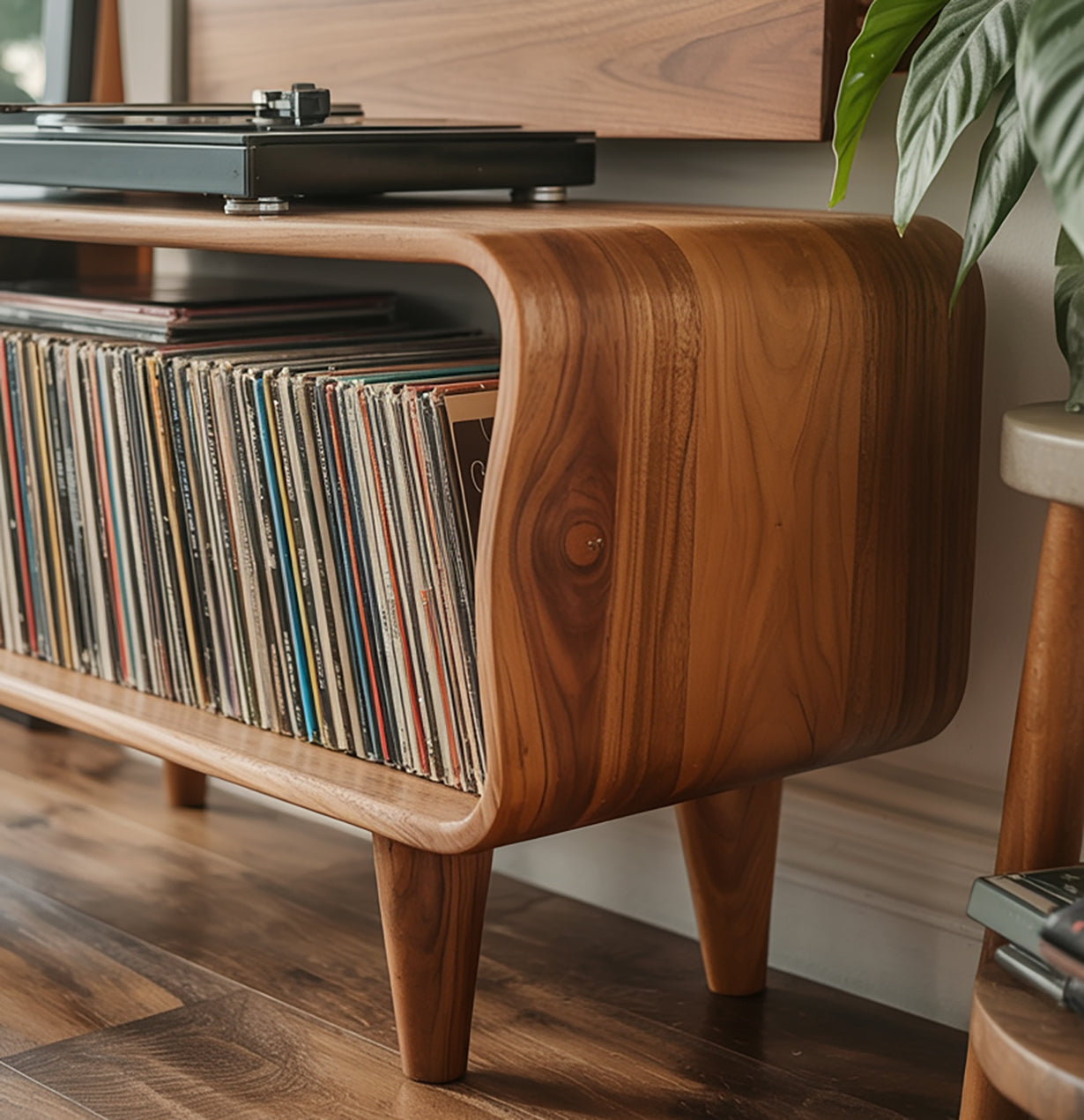 Massief Houten Platenspeler Meubel – Mid-Century Moderne Console