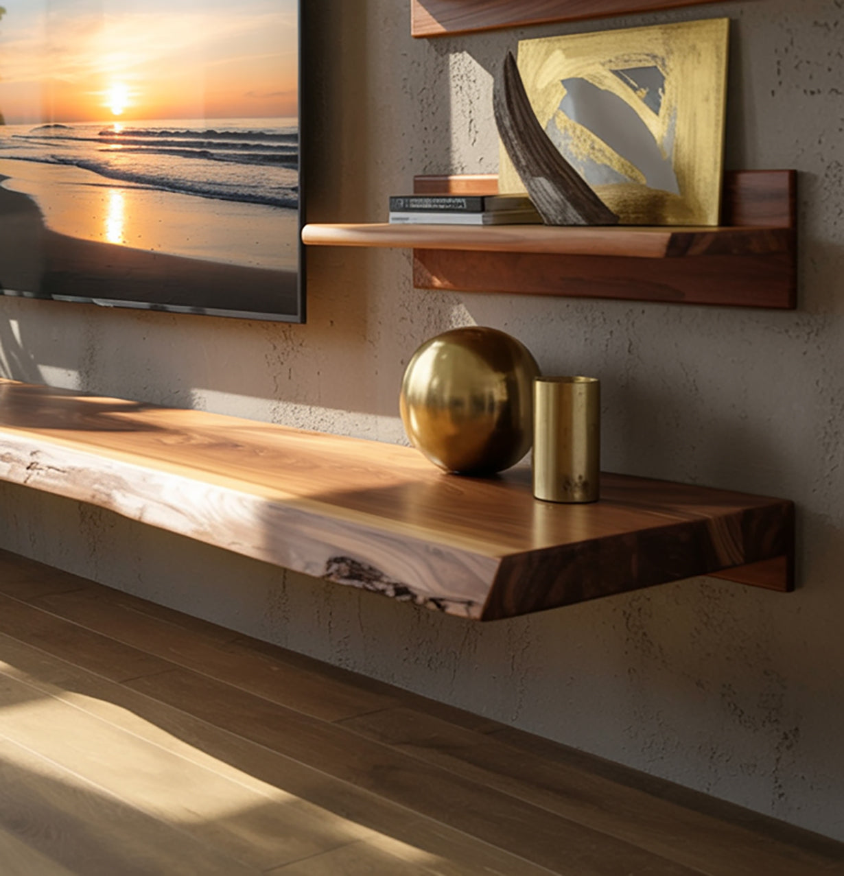 Massief Zwevend TV-Meubel met Live Edge – Handgemaakte Rustieke Media Console
