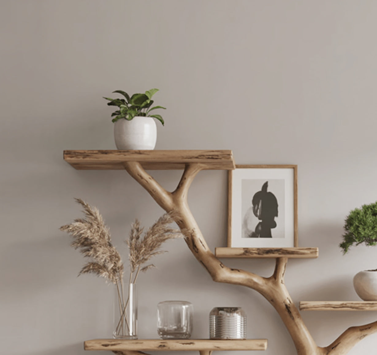 Handgemaakte Boomtak Boekenkast – Natuurlijke Houten Zwevende Wandplanken