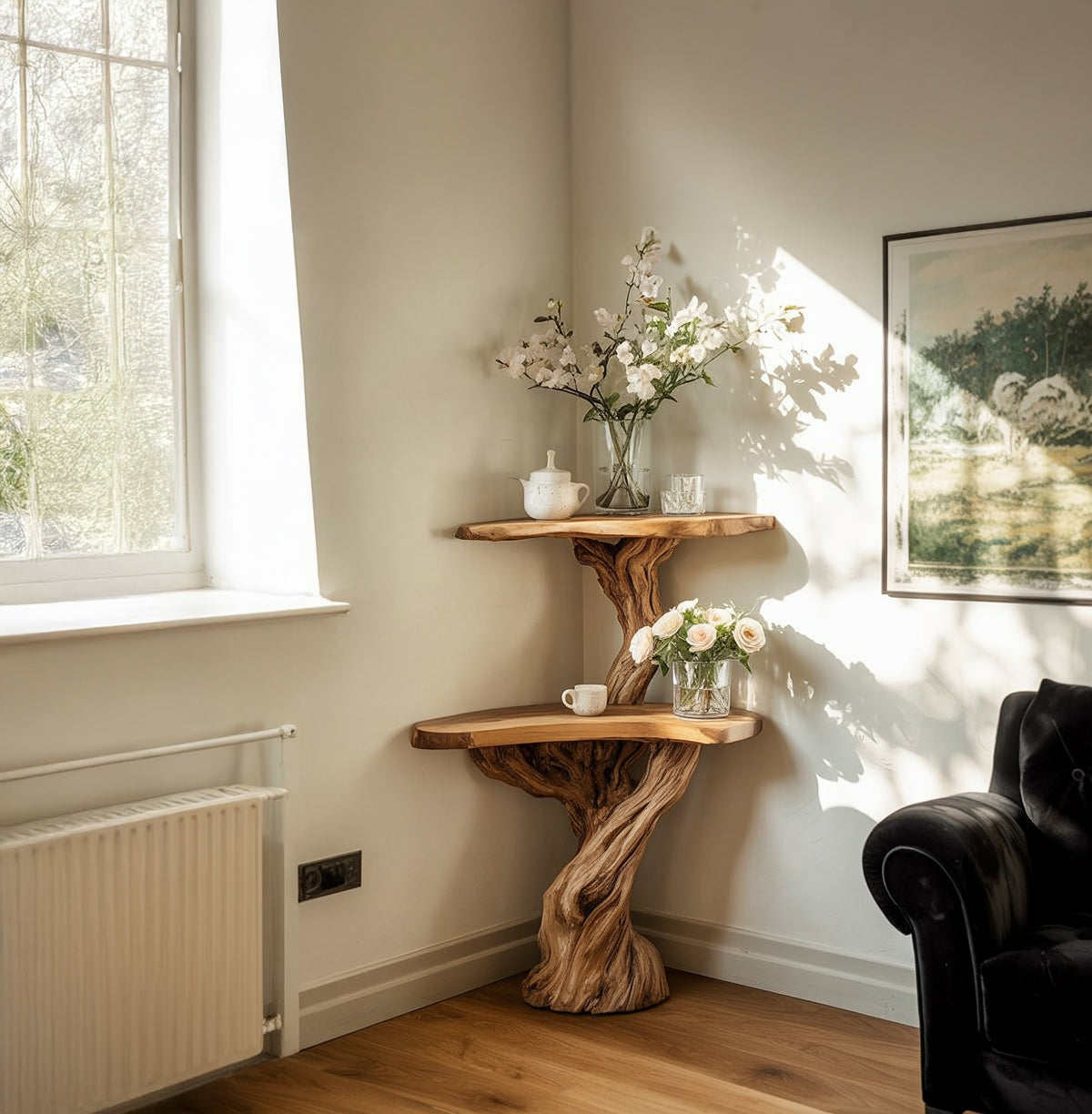 Corner Tree Console Table – Handcrafted Solid Wood Branch Shelf, Rustic Floating Plant Stand