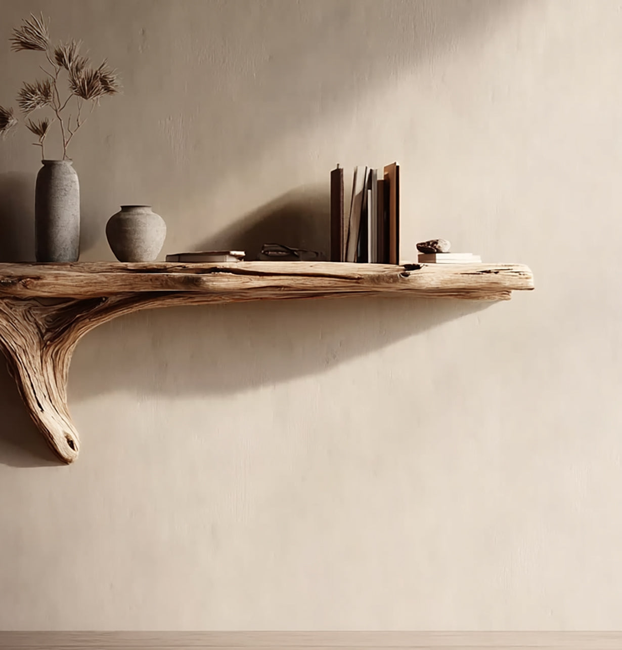 Handgemaakte Zwevende Wandplank – Natuurlijke Houtopslag Woonkamer