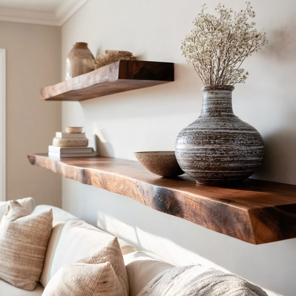 Handgemaakte Live Edge Houten Zwevende Planken – Rustieke Wandplank