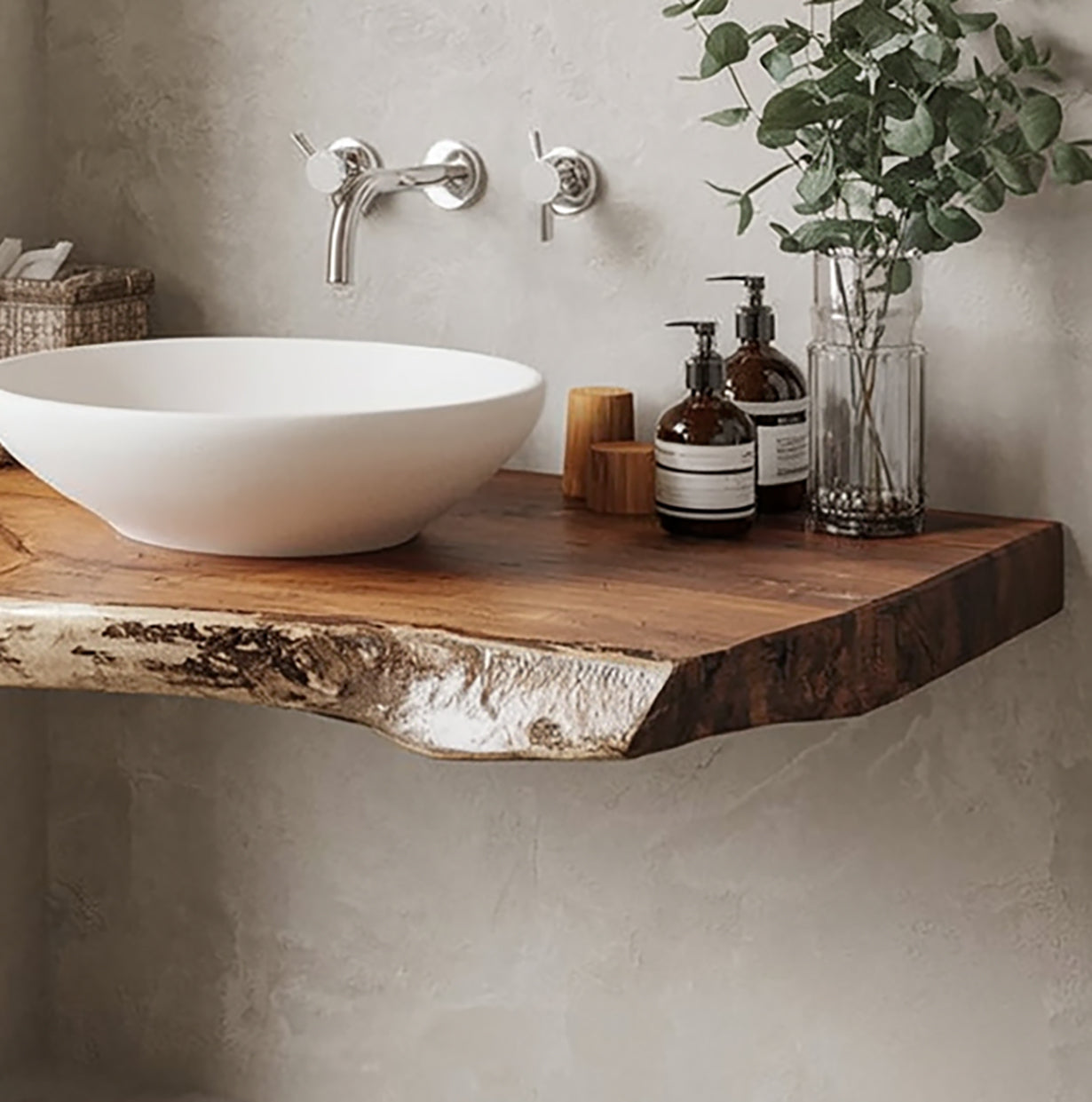 Rustieke Live Edge Badkamer Wastafelplank – Handgemaakt Hout Decor