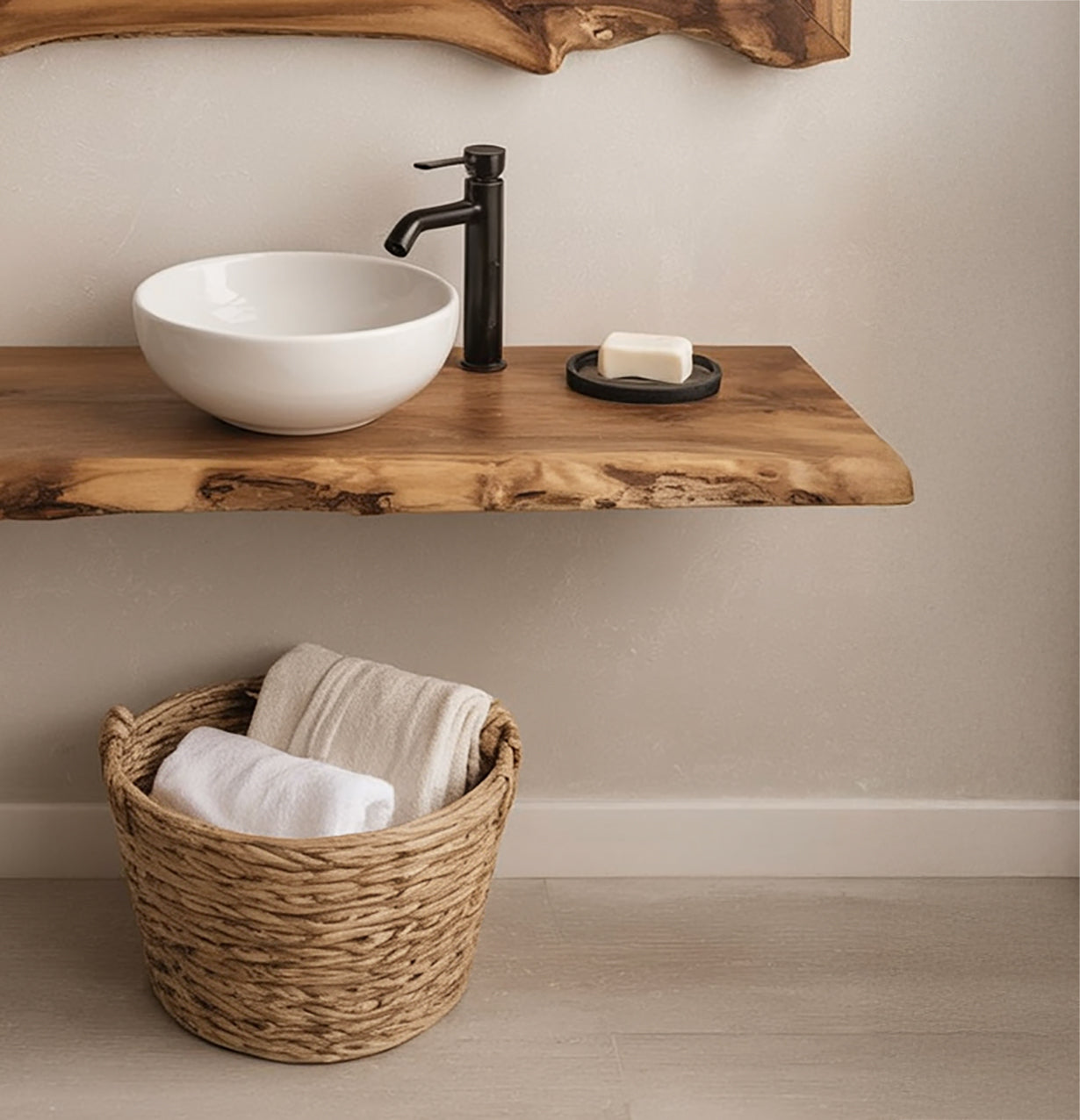 Massief Houten Zwevende Wandplank – Unieke Badkamer Decoratie