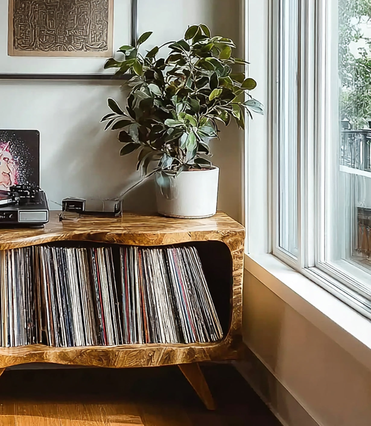 Handcrafted Wooden Record Player Stand – Natural Turntable Station with Storage