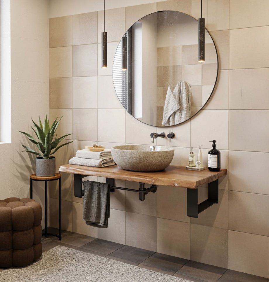 Rustic Live Edge Wood Bathroom Vanity – Floating Solid Wood Sink Countertop
