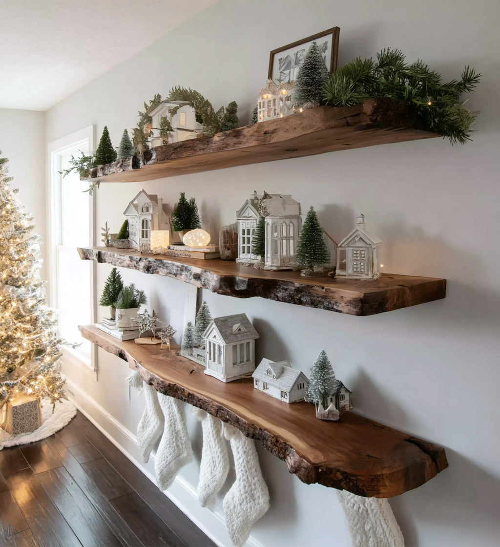 Christmas Live Edge Floating Shelves – Rustic Solid Wood Wall Decor