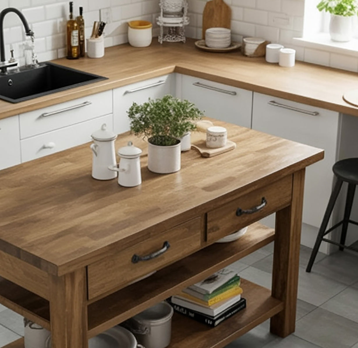 Keukeneiland van Gerecycled Kastanjehout met Lade & Dubbele Plank