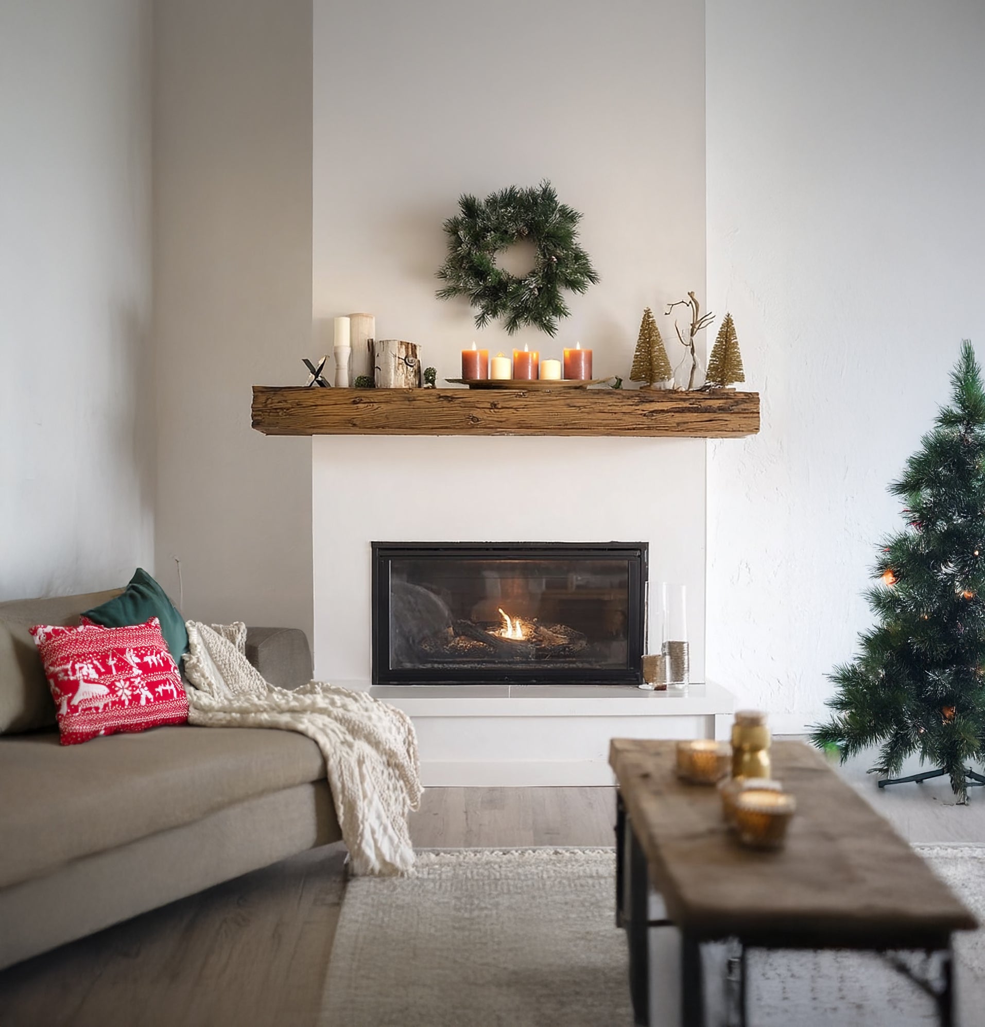 Rustic Wooden Fireplace Mantel – Handcrafted Floating Solid Wood Beam with Live Edge Shelf