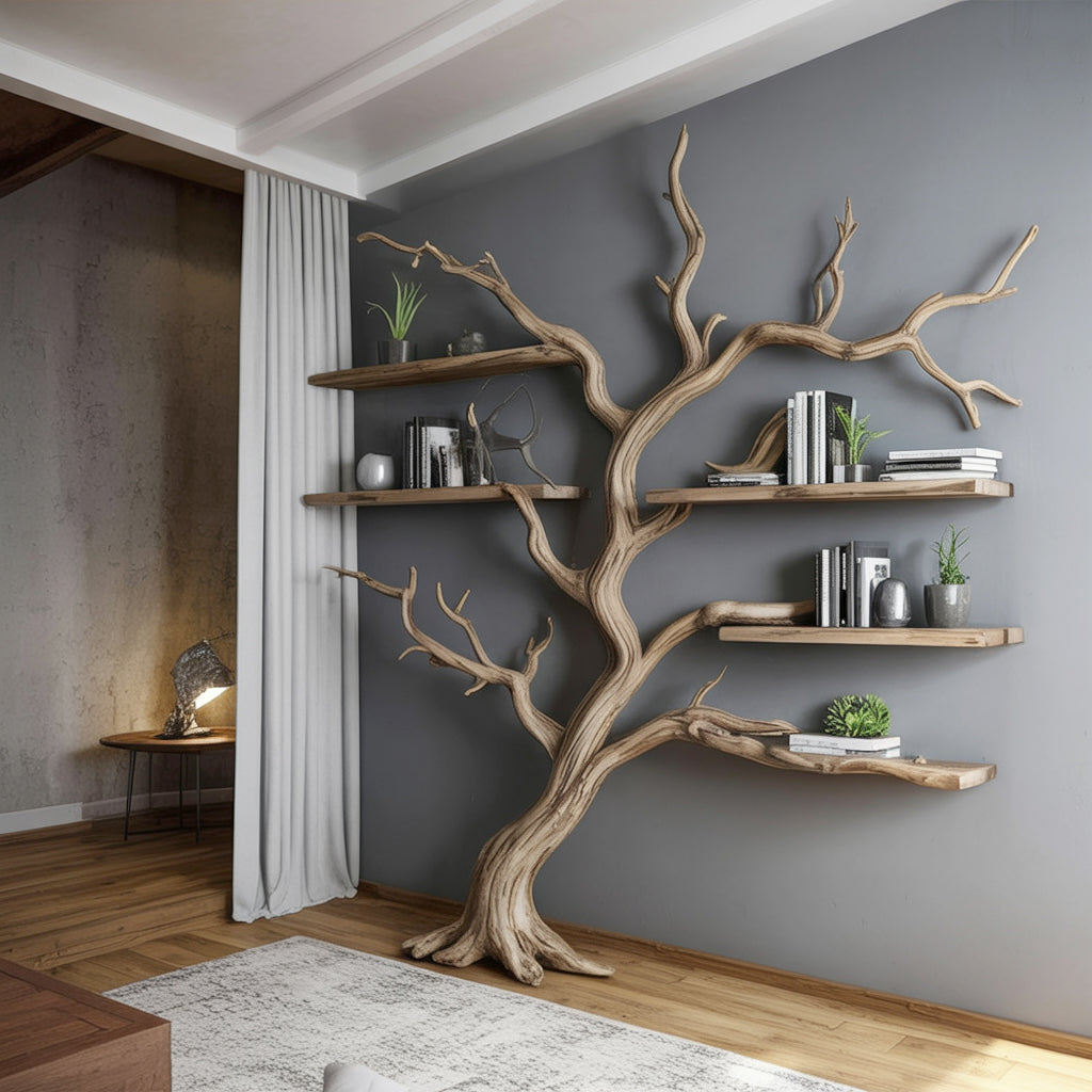 Boomtak Wandplank – Artistieke Massief Houten Zwevende Boekenplank