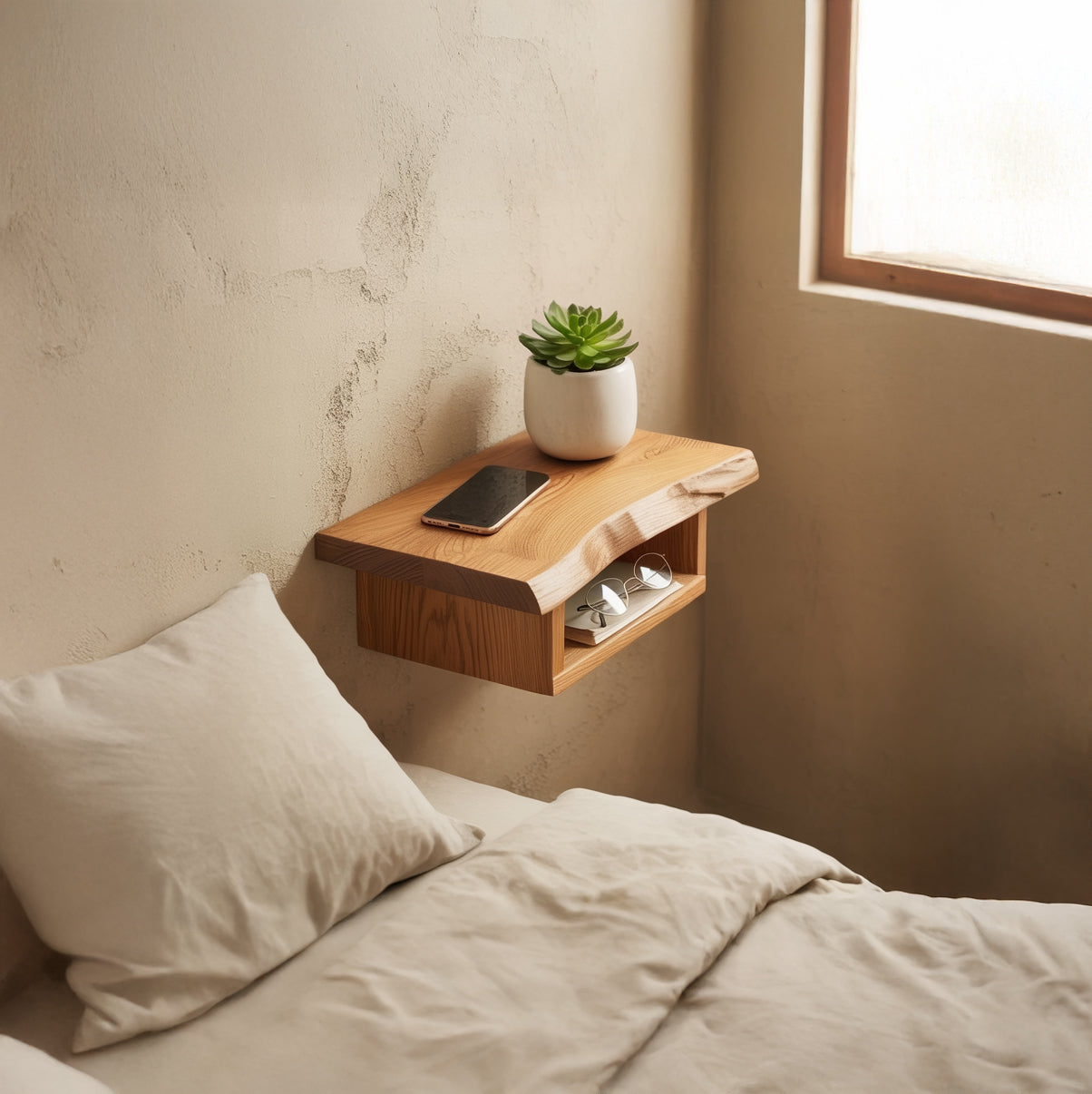 Handgemaakte Massief Houten Nachtkastje met Open Plank