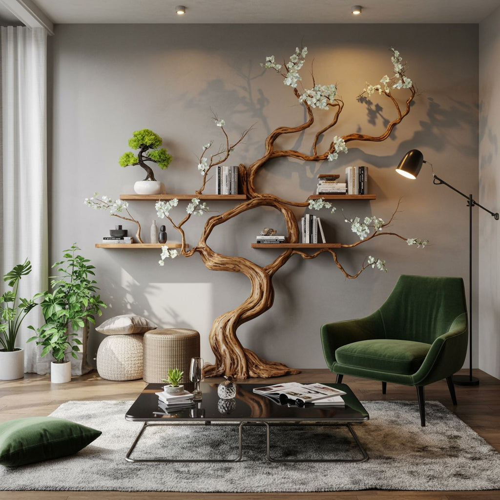 Handgemaakte Boomvormige Wandplank van Massief Hout – Wandkunst