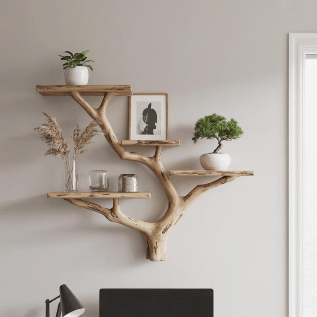 Handgemaakte Boomtak Boekenkast – Natuurlijke Houten Zwevende Wandplanken