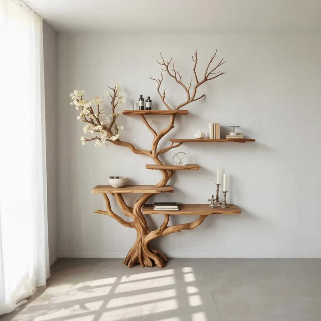Handgemaakte Boomtak Boekenkast – Natuurlijke Houten Zwevende Wandplanken