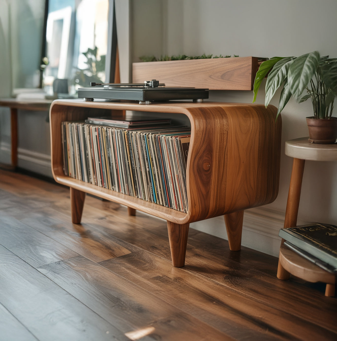 Massief Houten Platenspeler Meubel – Mid-Century Moderne Console