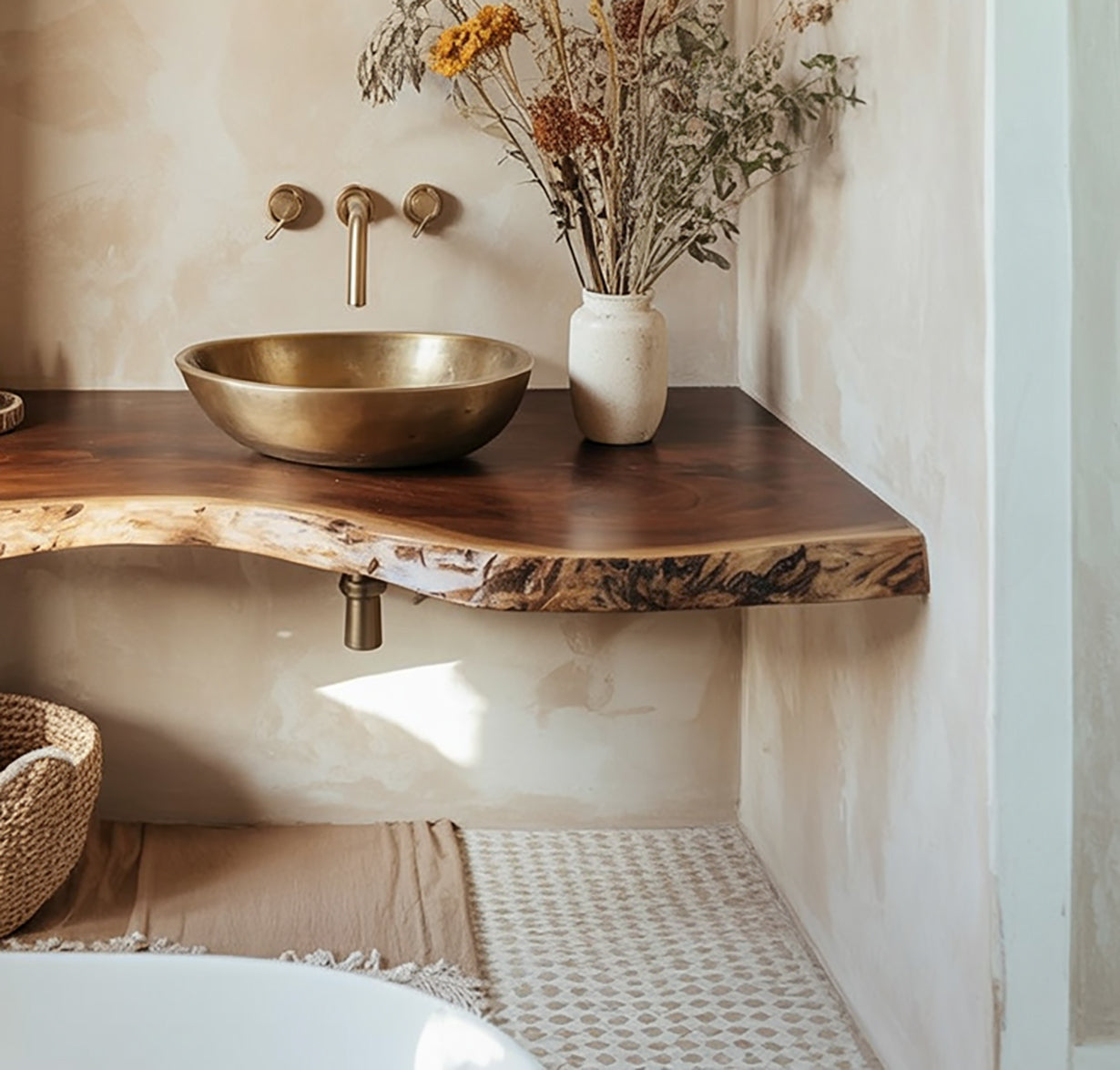 Live Edge Badkamerplank – Handgemaakte Rustieke Houten Wanddecoratie