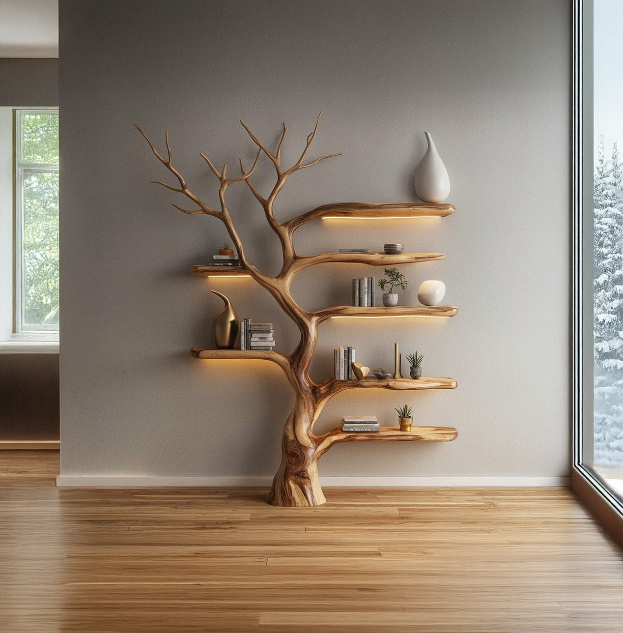 Rustieke Boomtak Boekenplank – Handgemaakt Massief Hout Wanddecor