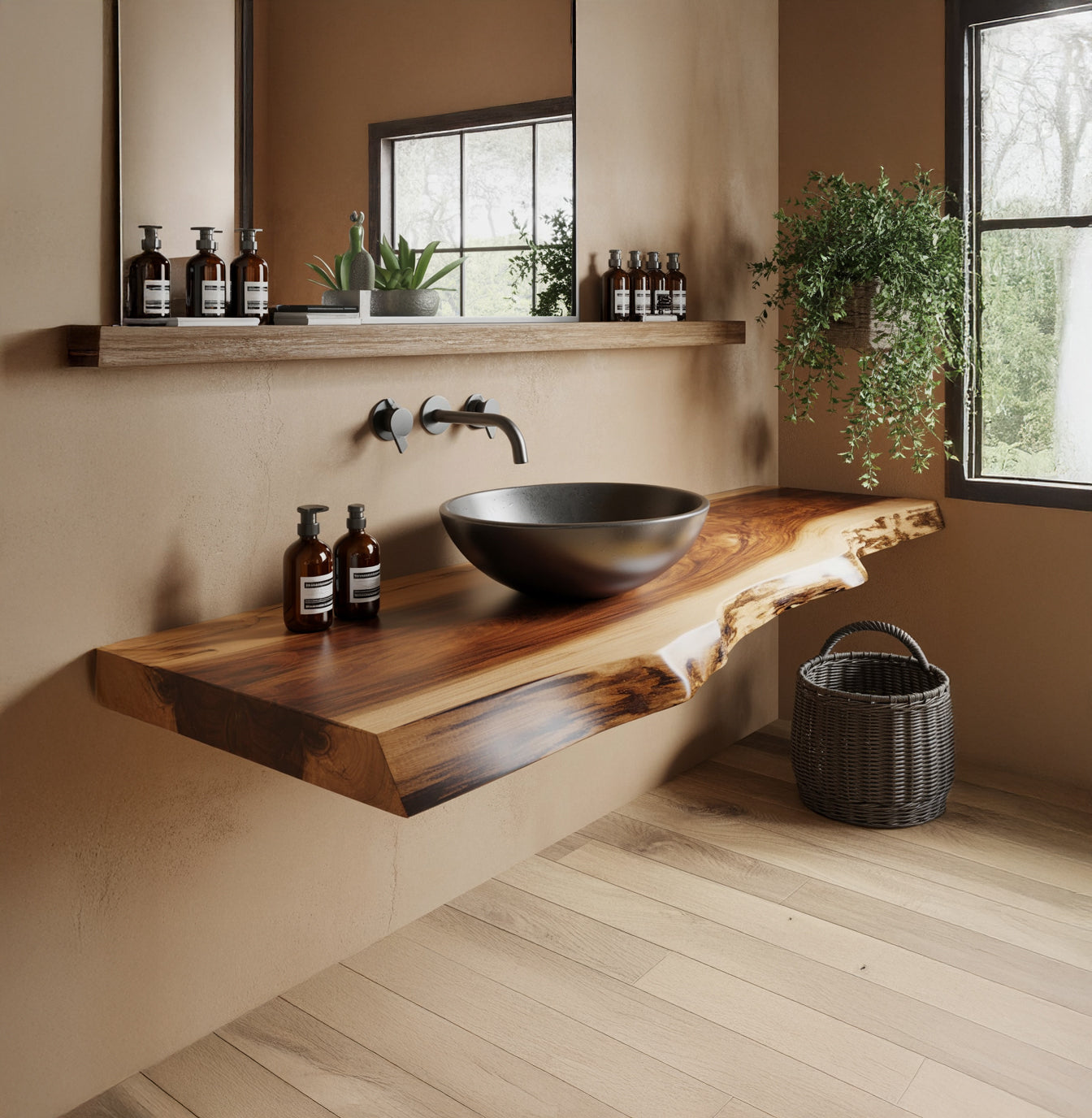 Massief Houten Wastafelplank – Rustieke Badkamer Wanddecor