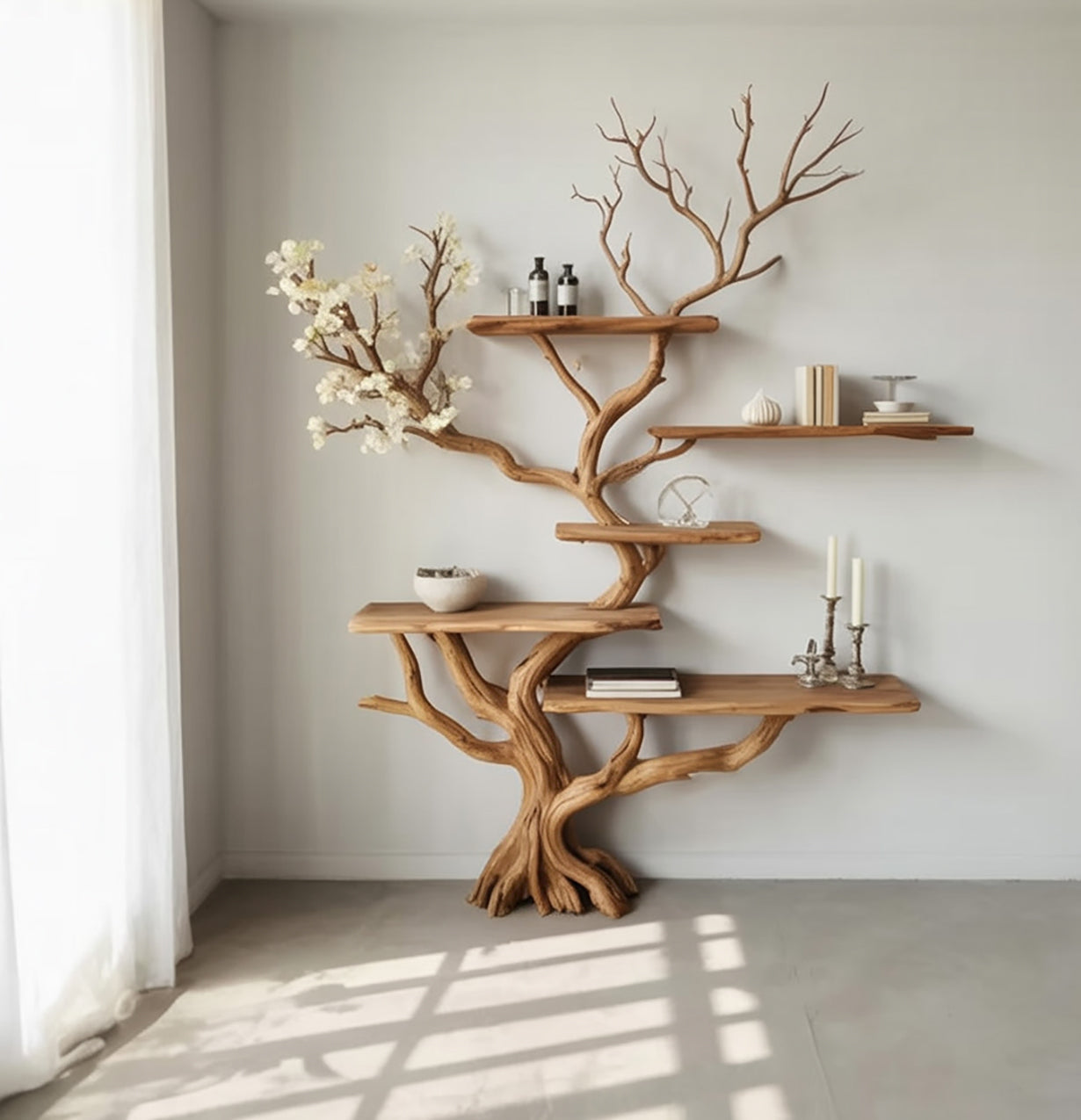 Handgemaakte Boomtak Boekenkast – Natuurlijke Houten Zwevende Wandplanken